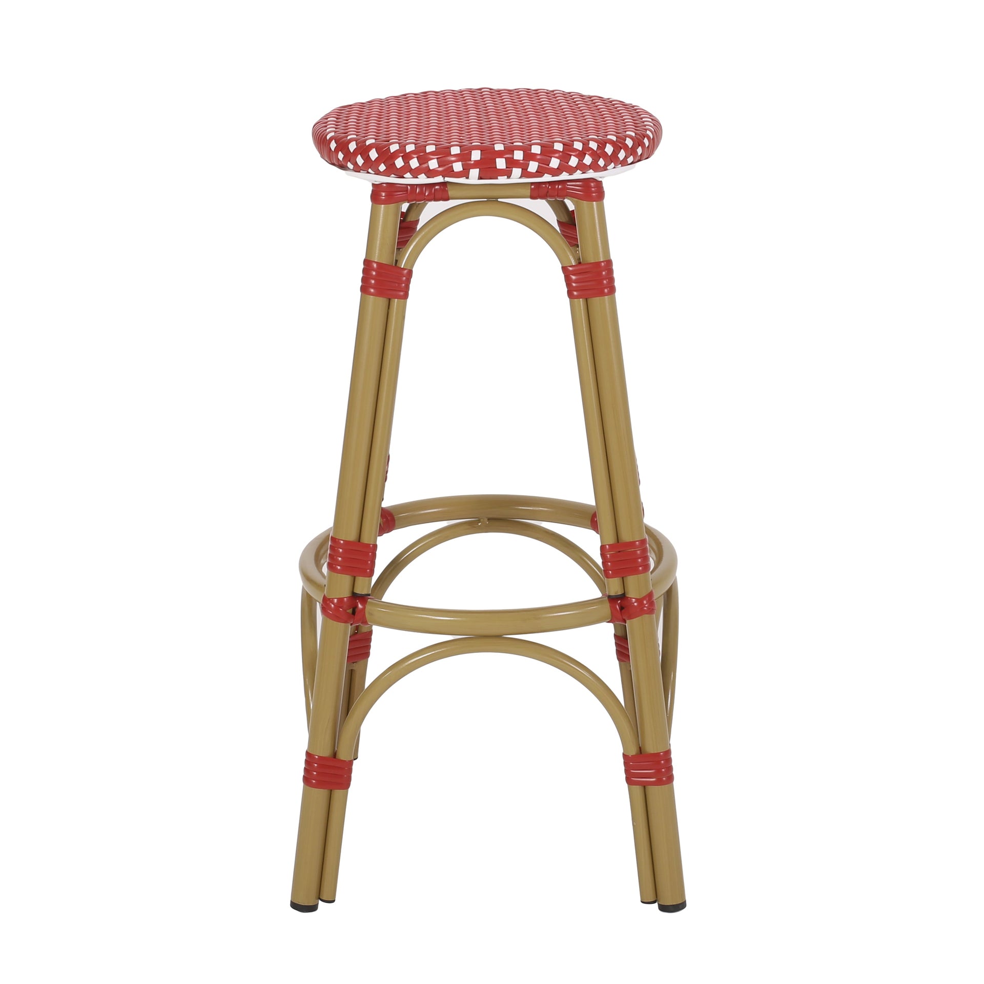 Outdoor PE Ratten and Aluminum 29.5' French Backless Barstools, Set of 2, Red, Bamboo Print Finish