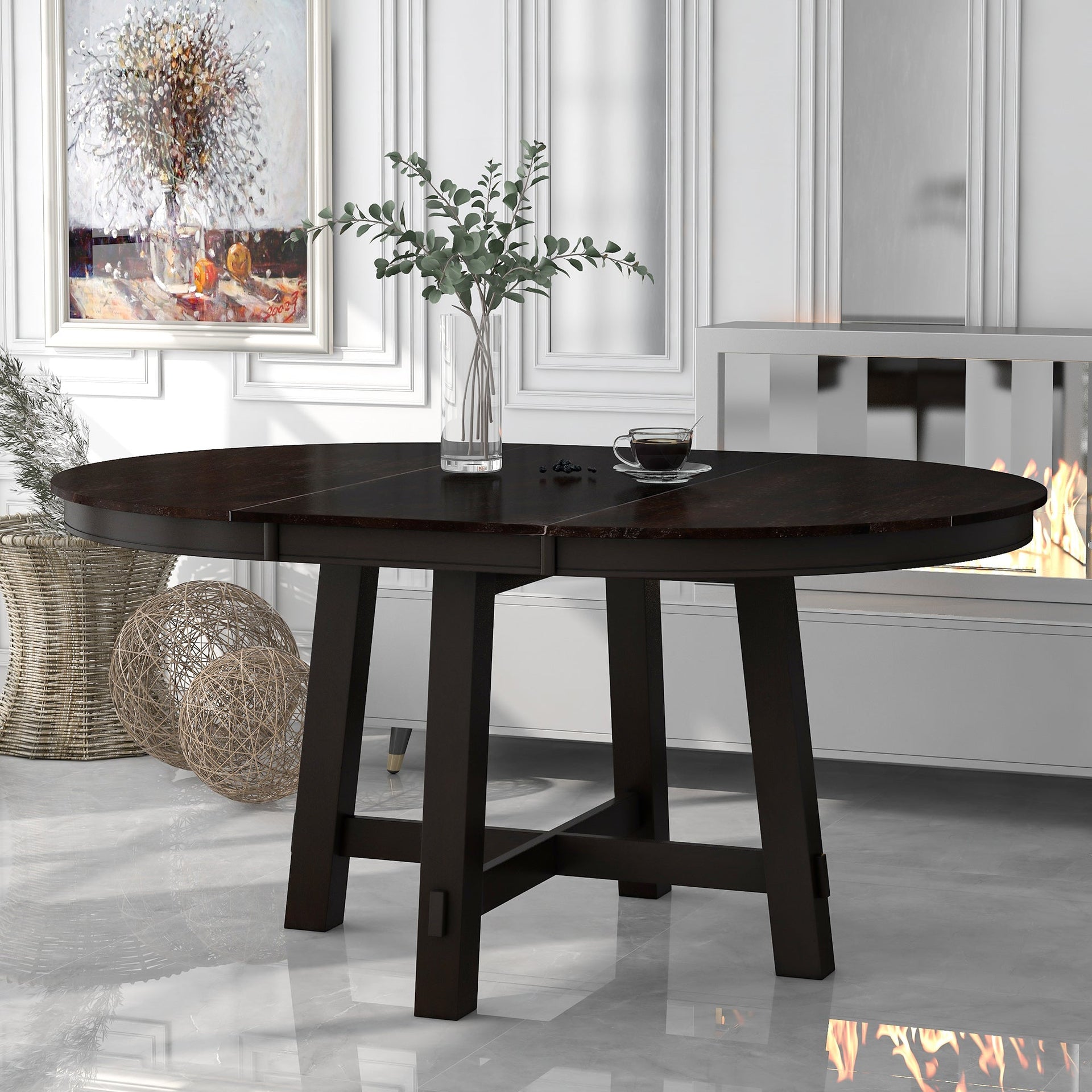 TREXM Farmhouse Round Extendable Dining Table with 16