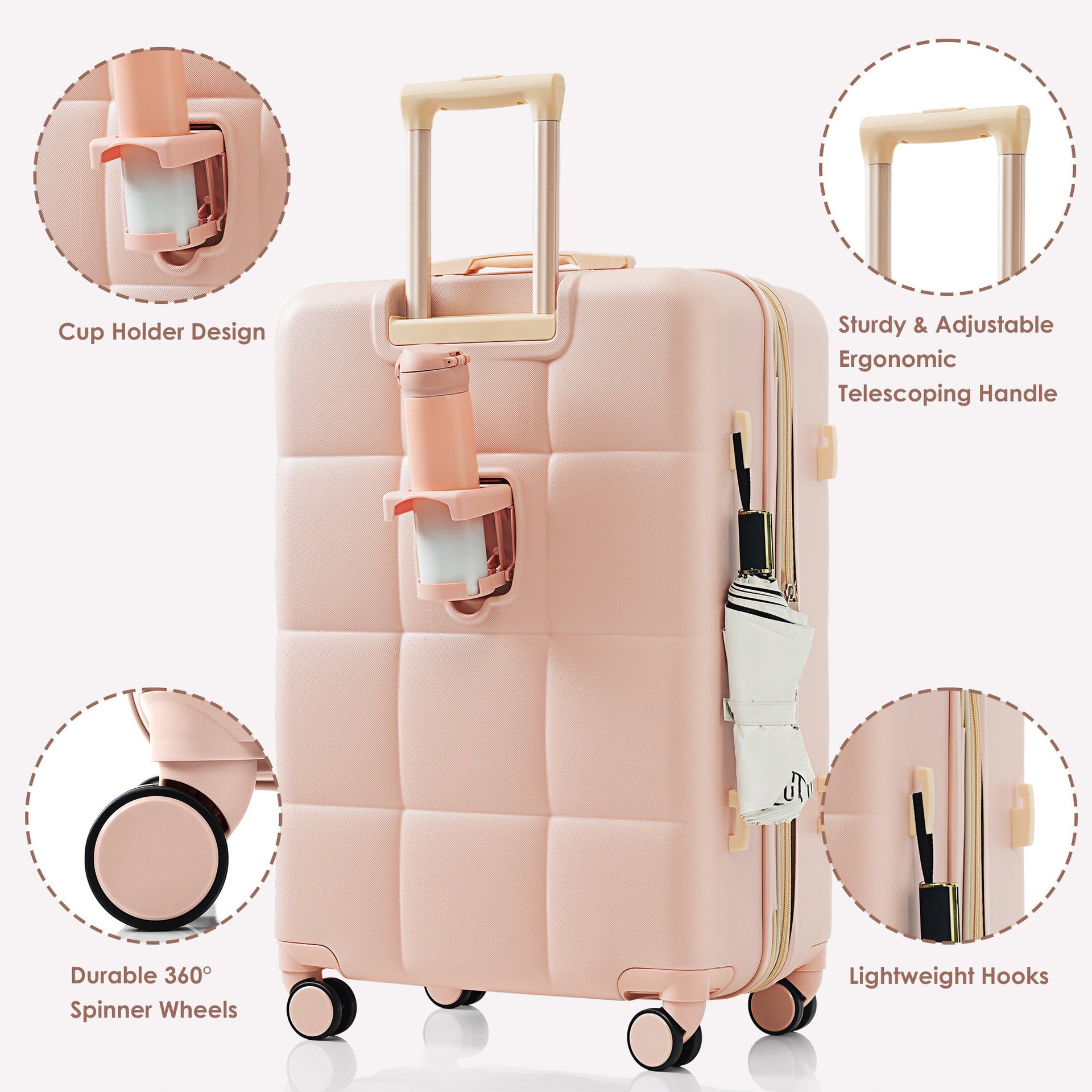 Luggage Sets 3 Piece, 20-inch with USB Port and front opening design, ABS Hard Shell Luggage with Spinner Wheels, Cup Holder, pink