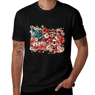 Floral American 4th of July Watercolor Vintage USA Trendy Pattern T-Shirt
