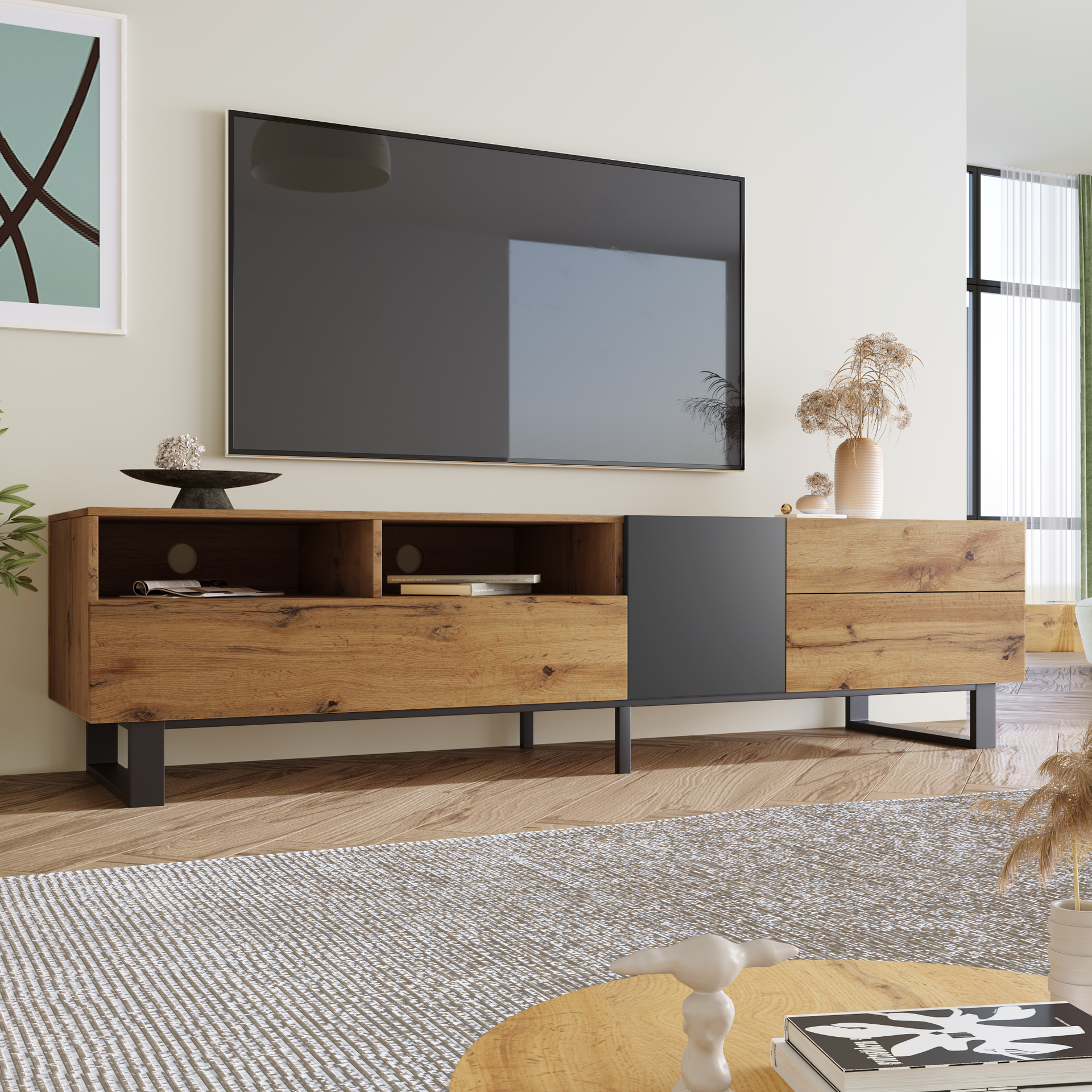 Modern TV Stand for 80'' TV with Double Storage Space
