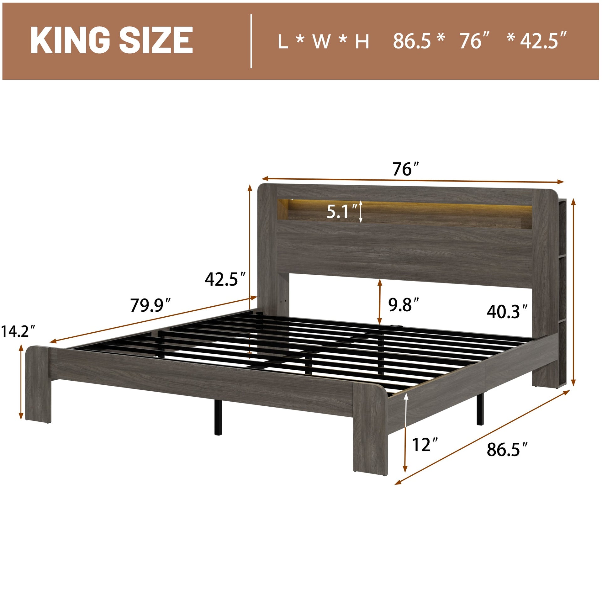 Bed Frame King Size, Wood Platform Bed Frame with Storage LED Light Headboard and 2 USB , Noise Free,No Box Spring Needed and Easy Assembly Tool,Large Under Bed Storage,Dark Grey