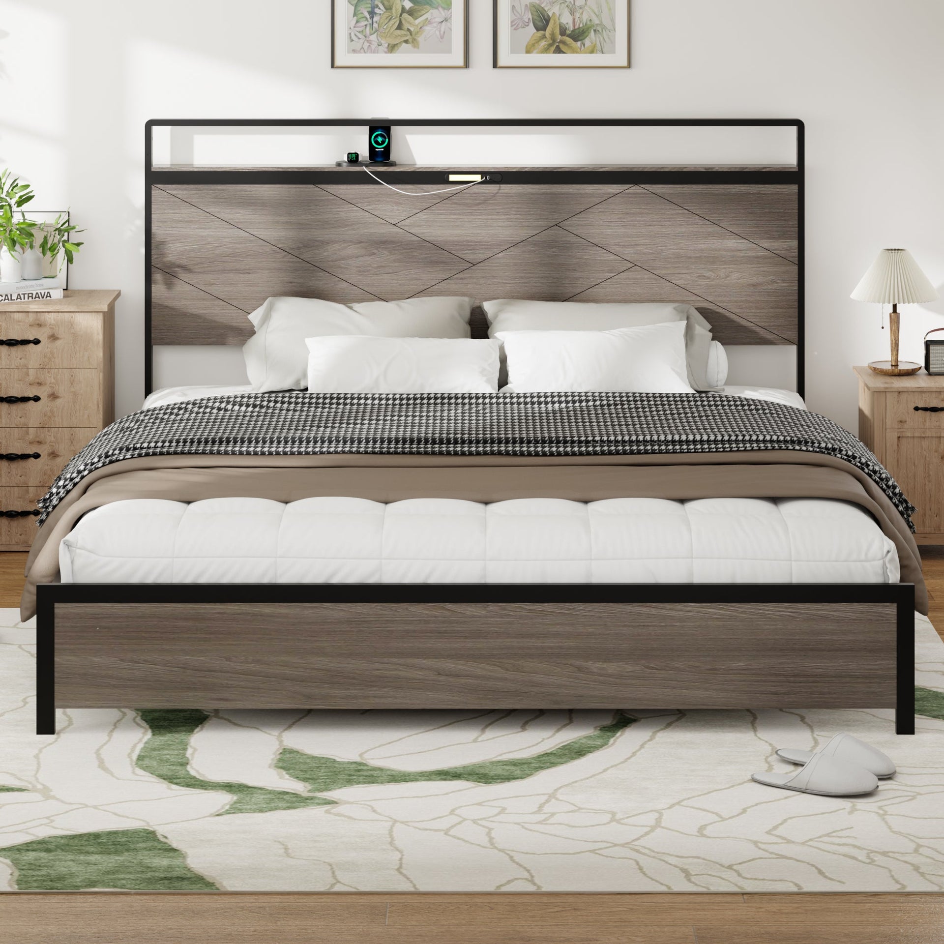 Bed frame king size, wooden platform bed frame with storage LED light headboard and 2 USB, no noise, no spring mattress required and simple assembly tools, large underbed storage, Antique Grey