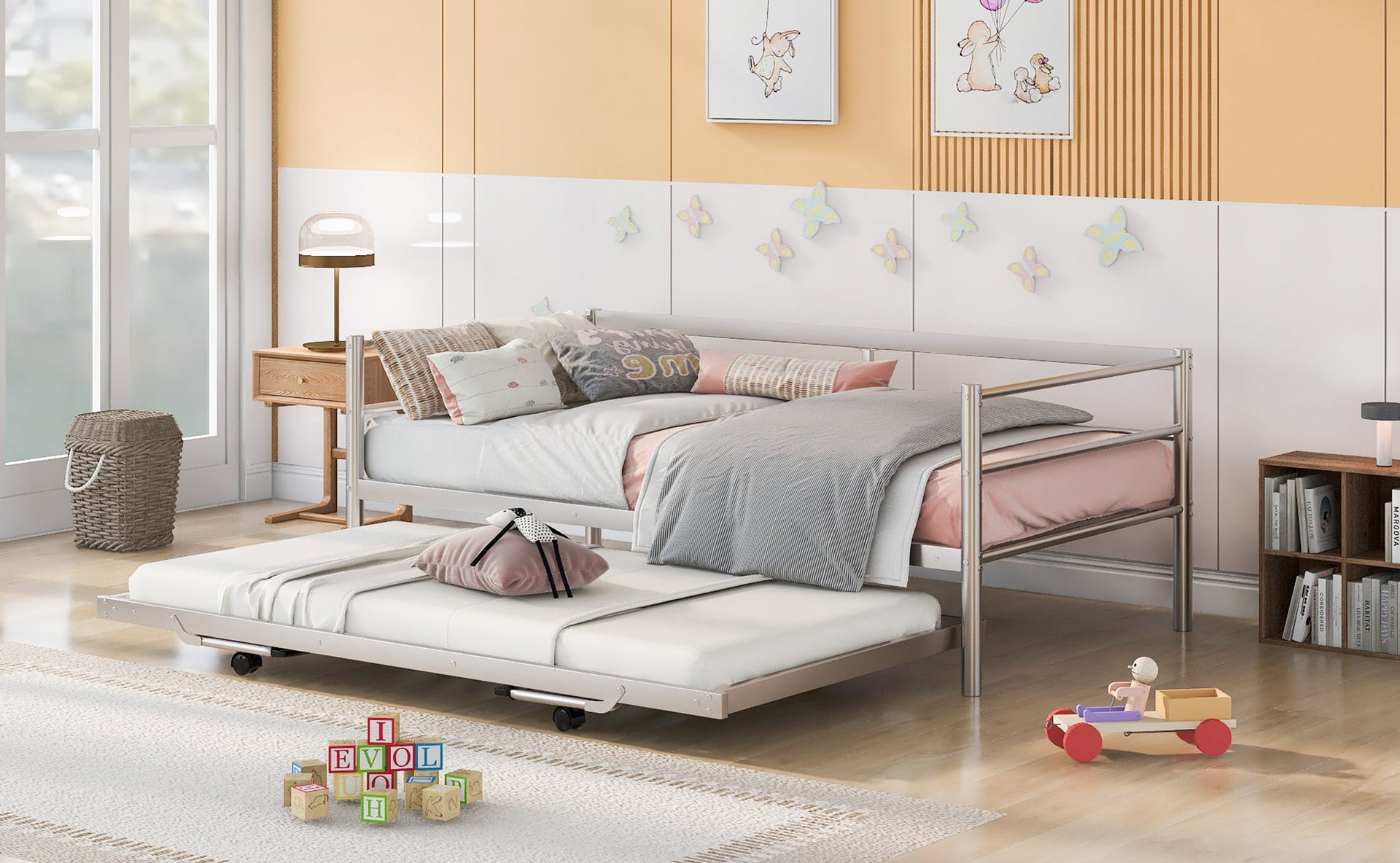 Twin Size Metal Daybed with Adjustable Trundle Pop Up Trundle Silver