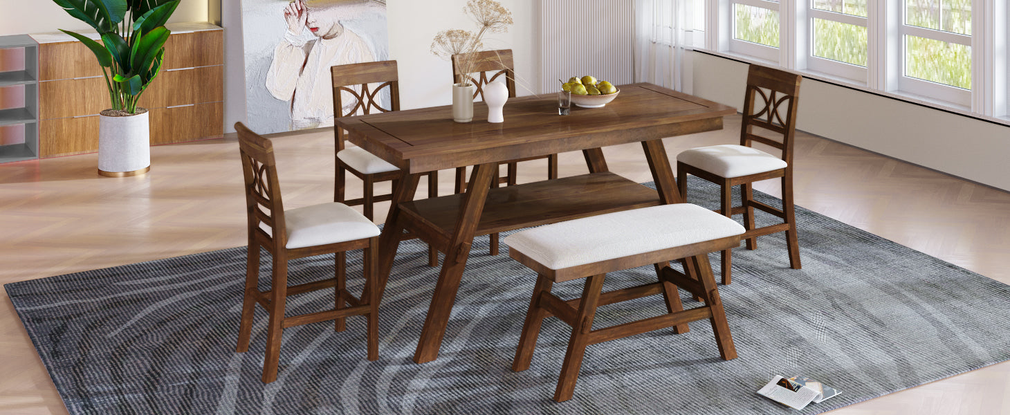 6-Piece Wood Counter Height Dining Table Set with Storage Shelf, Kitchen Table Set with Bench and 4 Chairs,Rustic Style, Walnut+Beige Cushion