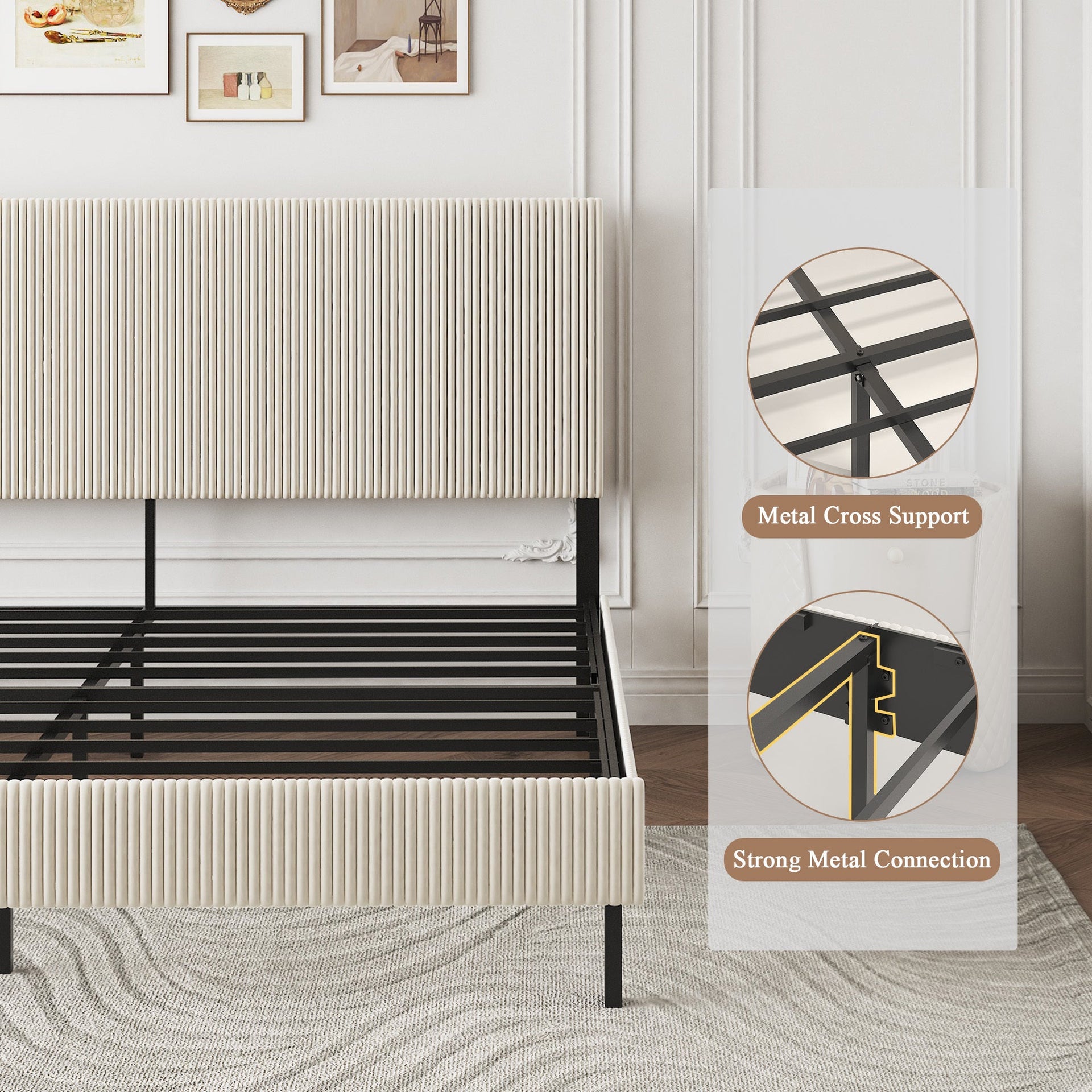 King bed frame with a bandaged headboard is stable and easy to assemble, and the style is simple and elegant,beige