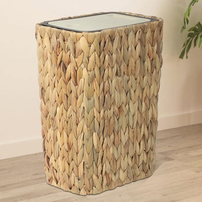 Boho Rattan Woven Trash Can with Press Top Lid, Wicker Wastebasket and Hamper