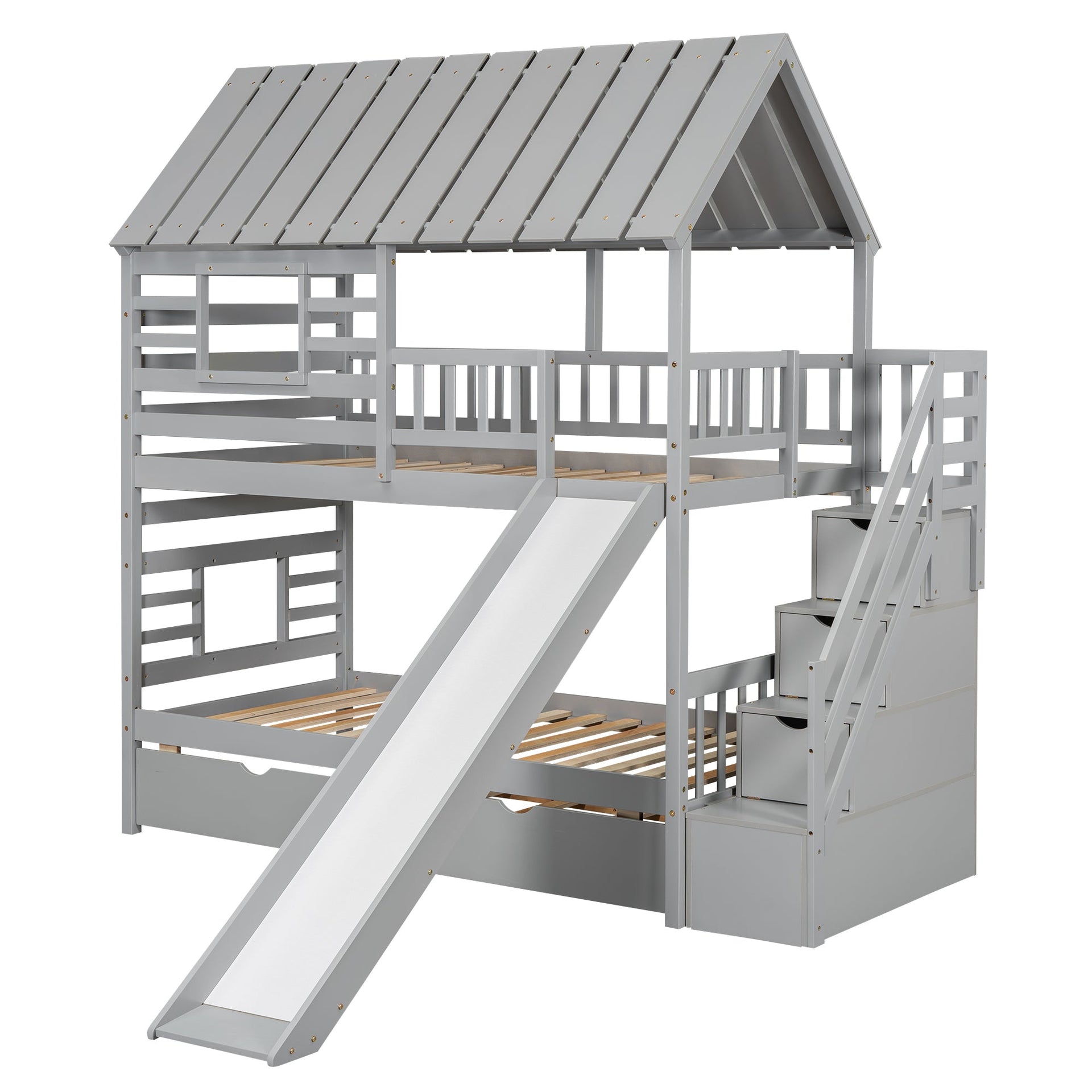 Twin over Twin House Bunk Bed with Trundle and Slide Storage Staircase, Roof and Window Design Gray