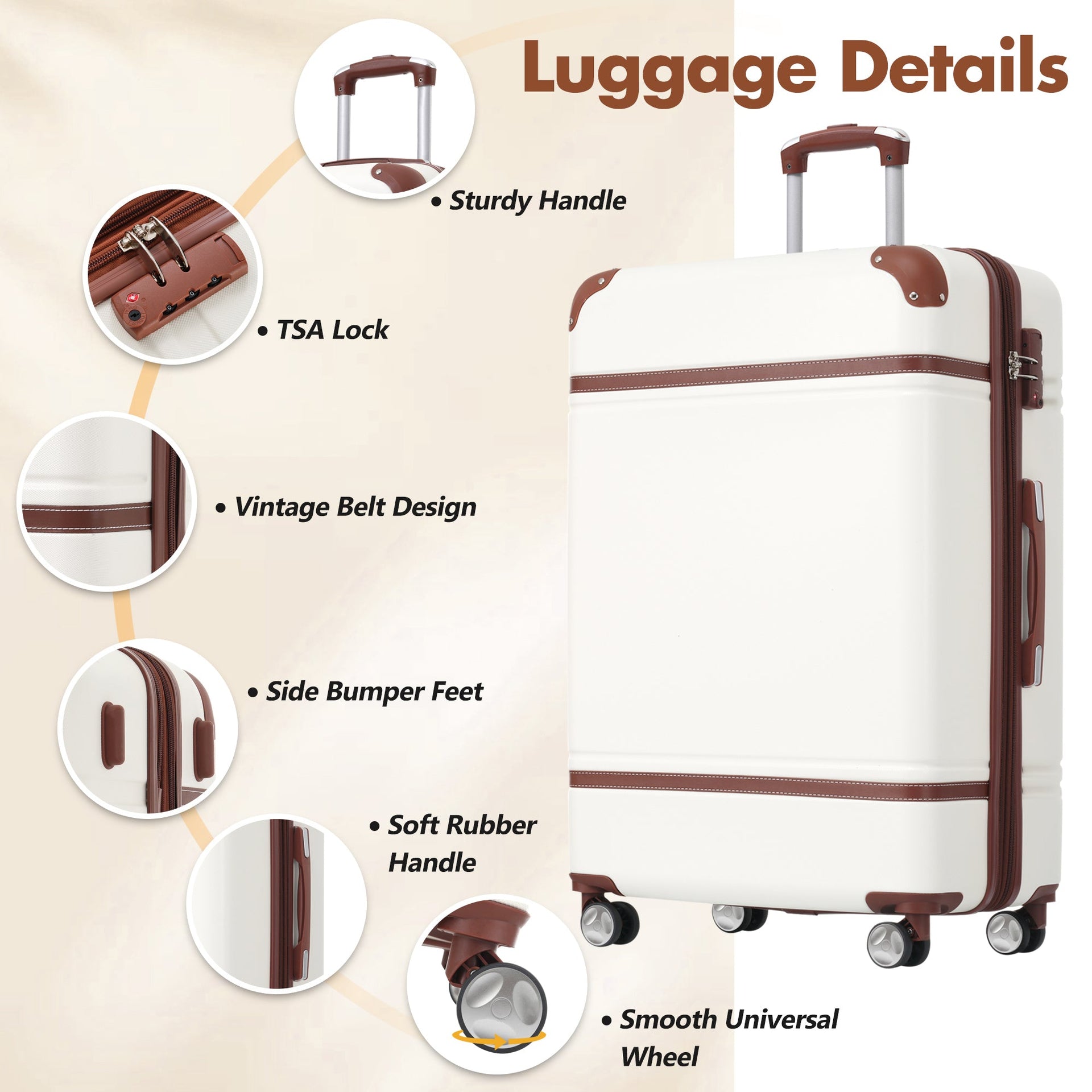 Hardshell Luggage Sets with Bags Lightweight Suitcase Double Spinner Wheels with TSA Lock ,Single Vintage Luggage 28 IN,White