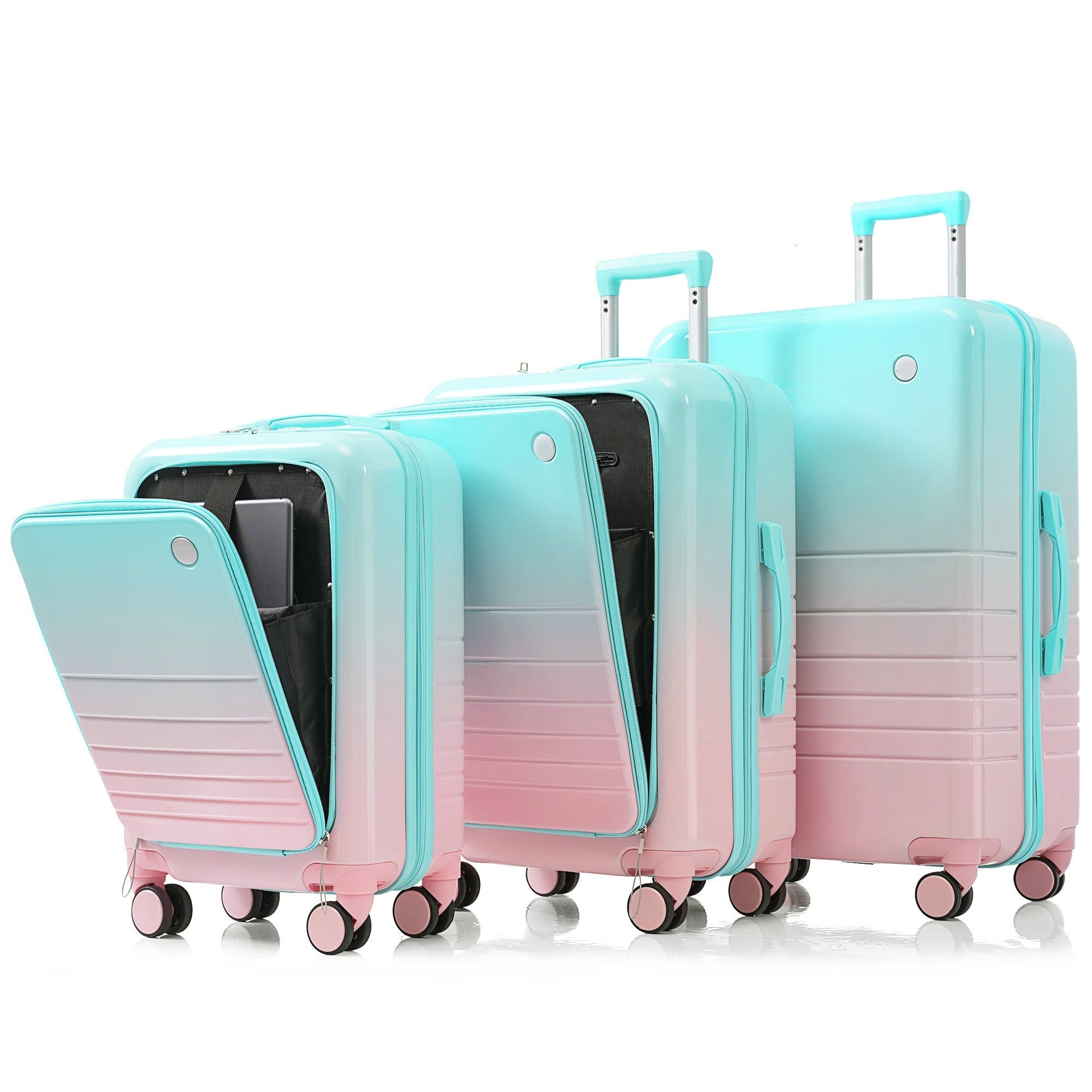 Luggage Set of 3, 20, 24, 28inch with USB Port, 20, 24inch with front opening design Airline Certified Carry on Luggage with Cup Holder, ABS+PC Hard Shell Luggage with Spinner Wheels, light blue
