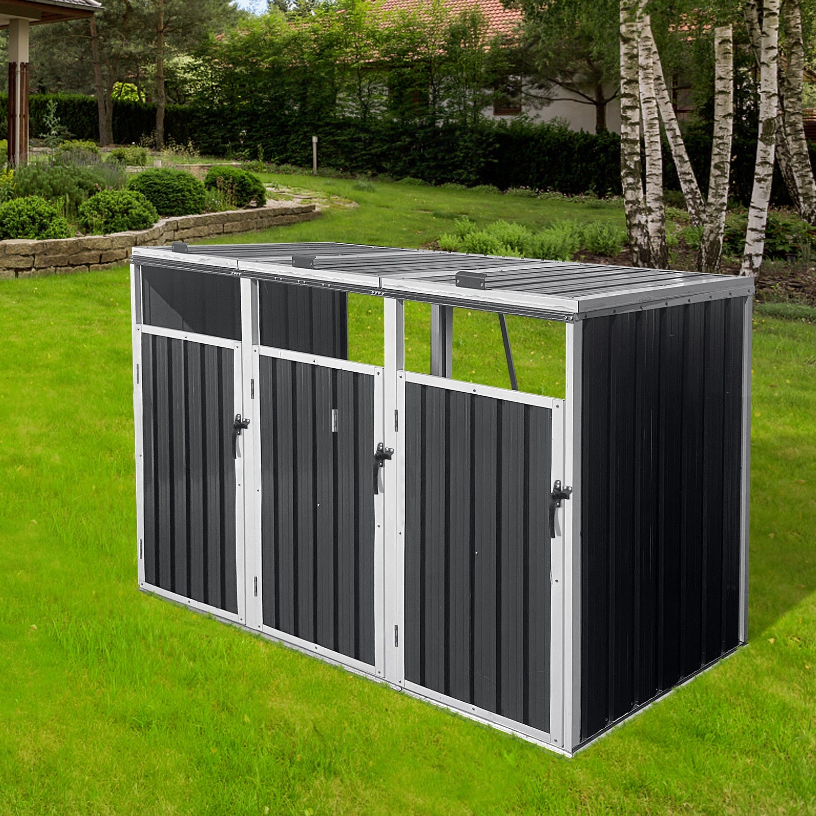 Garbage Bin Shed Stores 3 Trash Cans Metal Outdoor Bin Shed for Garbage Storage,Grey