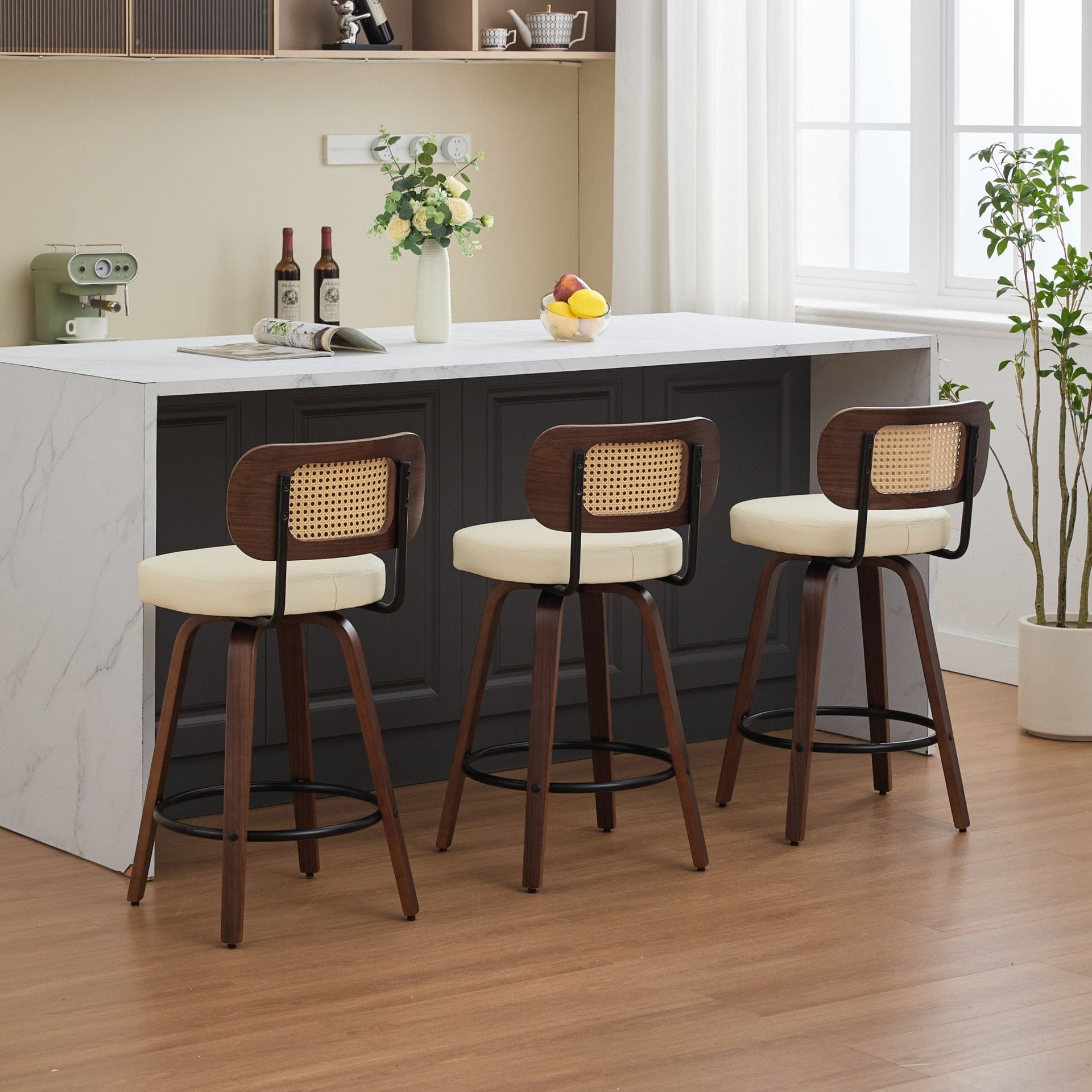 Set of 3 Counter Height Bar Stools - 26 inch Rattan Counter Height Stools with Cane Back, Upholstered Seat, Walnut Craftsmanship, Swivel Counter Stools for Island/Kitchen/Counter/Bar (Walnut /Beige)