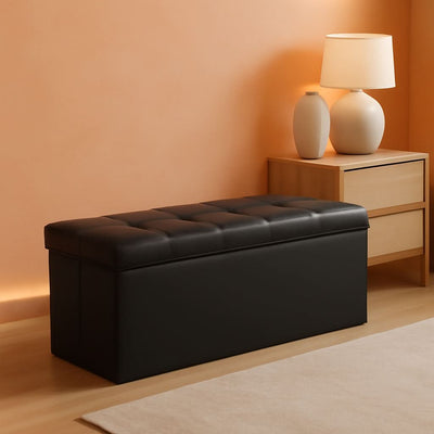 43 Inch Folding Storage Ottoman Black Synthetic Leather