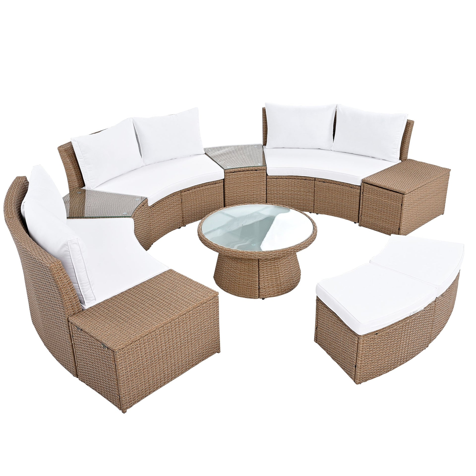 10-Piece Outdoor Sectional Half Round Patio Rattan Sofa Set, PE Wicker Conversation Furniture Set for Free Combination, White