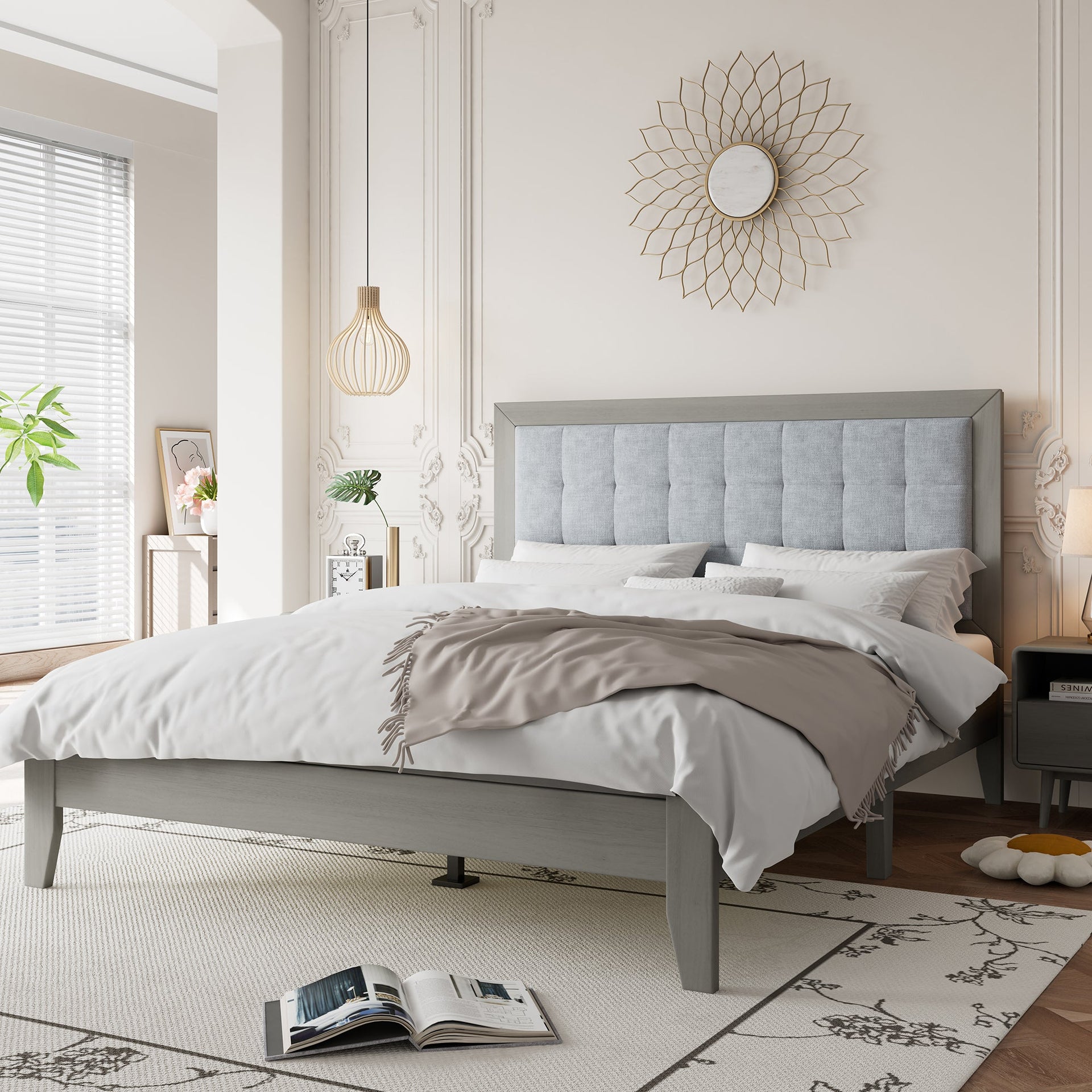 Mid-Century Modern Solid Wood Platform Bed with Upholstered Headboard in Grey, Rubber Wood, Queen Size