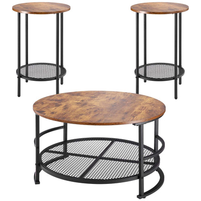 3 Pieces Round Coffee Table Sets, 31.5 In Industrial Living Room Table With 2 End Side Tables, Easy Assembly Coffee And End Tables Sets With Metal Legs, For Office, Living Room And Apartment