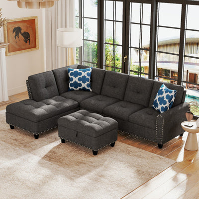 98 Inches Sectional Sofa Couch with Movable Storage Ottoman and Linen Fabric Backs-DG