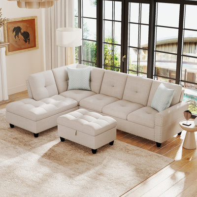 98 Inches Sectional Sofa Couch with Movable Storage Ottoman and Linen Fabric Backs-LR