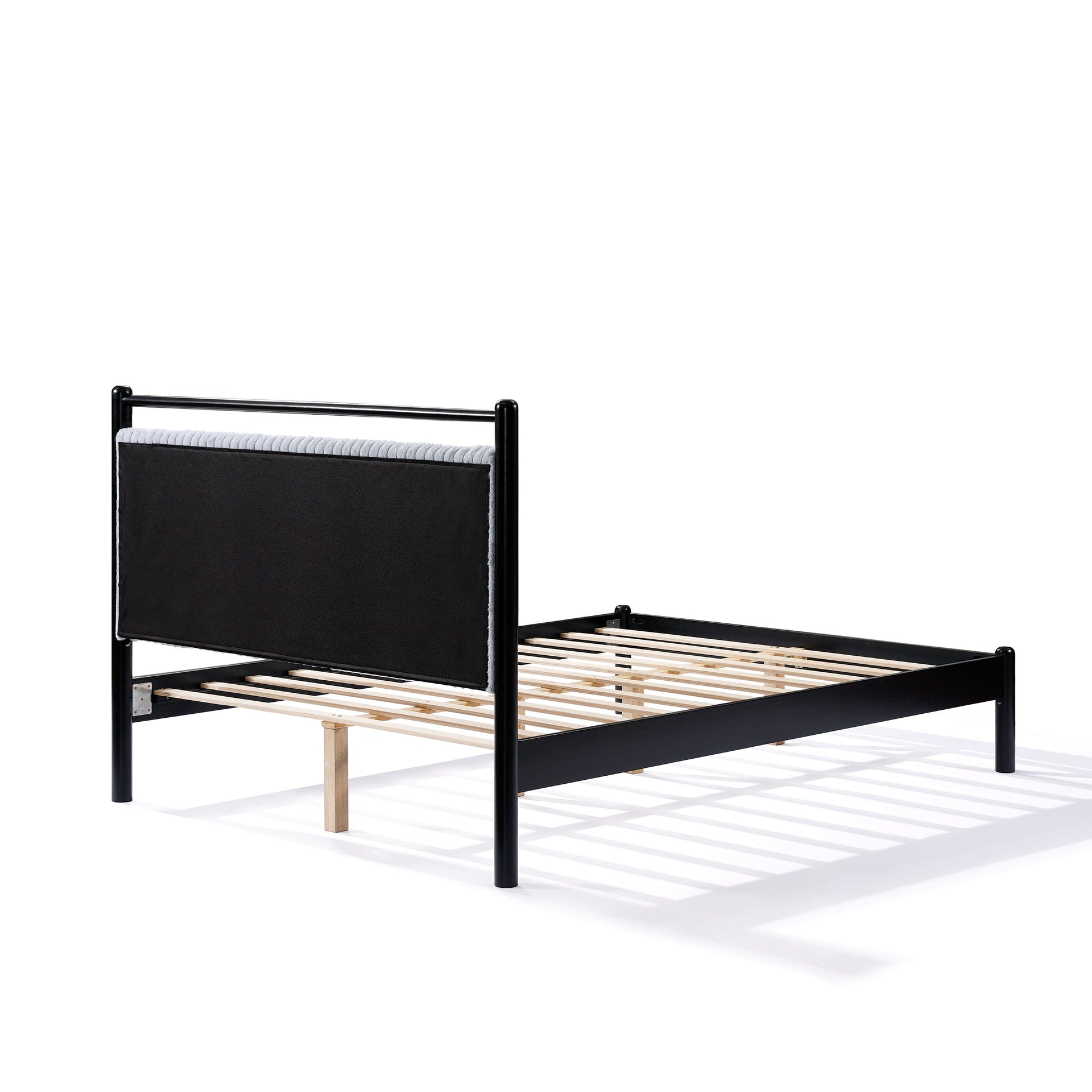 Full size Wood Bed Frame with Fluffy Soft Headboard,Grey+Black Frame