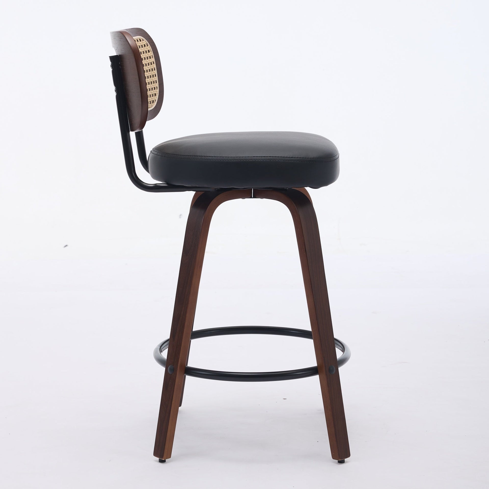 Set of 3 Counter Height Bar Stools - 26 inch Rattan Counter Height Stools with Cane Back, Upholstered Seat, Walnut Craftsmanship, Swivel Counter Stools for Island/Kitchen/Counter/Bar (Walnut /Black)