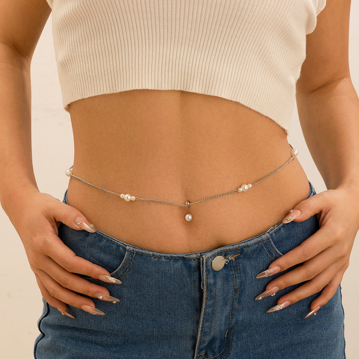 Zircon navel nail body chain sexy imitation pearl tassel chain