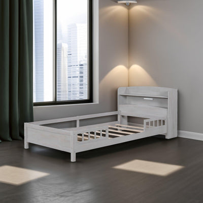Wood Twin Size Platform Bed with Built-in LED Light Storage Headboard and Guardrail Antique Grey