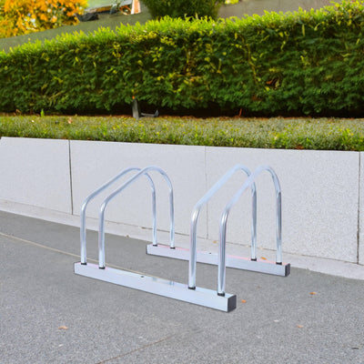 2 bicycle ground bike parking racks 22-28 inch wheel supports, maximum tire width 2.15 inches, galvanized