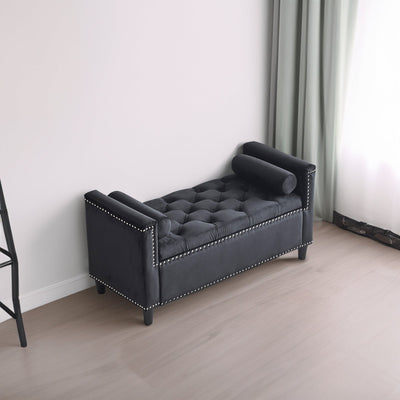 Storage Bench, 44.5-Inch Queen Velvet Button Bedside Bench, Entryway Living Room with Armrests, Nailhead Trim Black