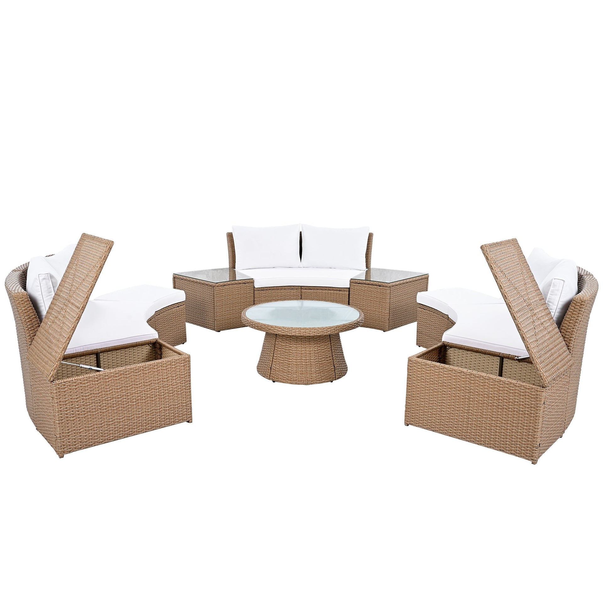 10-Piece Outdoor Sectional Half Round Patio Rattan Sofa Set, PE Wicker Conversation Furniture Set for Free Combination, White