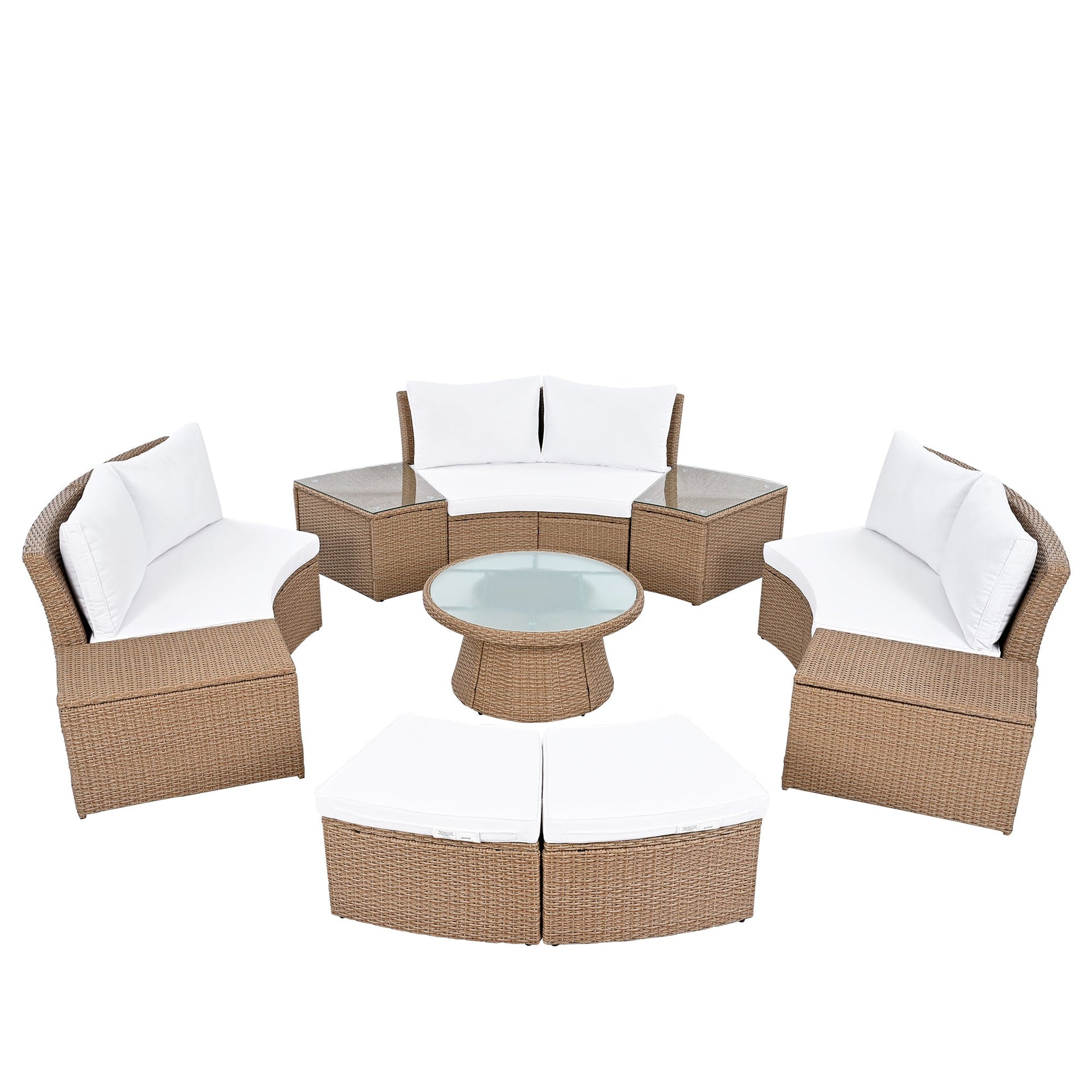 10-Piece Outdoor Sectional Half Round Patio Rattan Sofa Set, PE Wicker Conversation Furniture Set for Free Combination, White