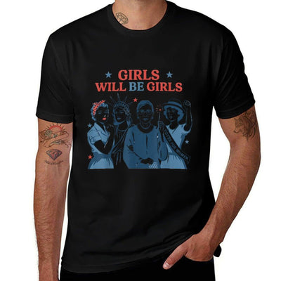 Girl Will Be Girls Patriotic Feminist 4th Of July USA Oversized Silhouette T-Shirt
