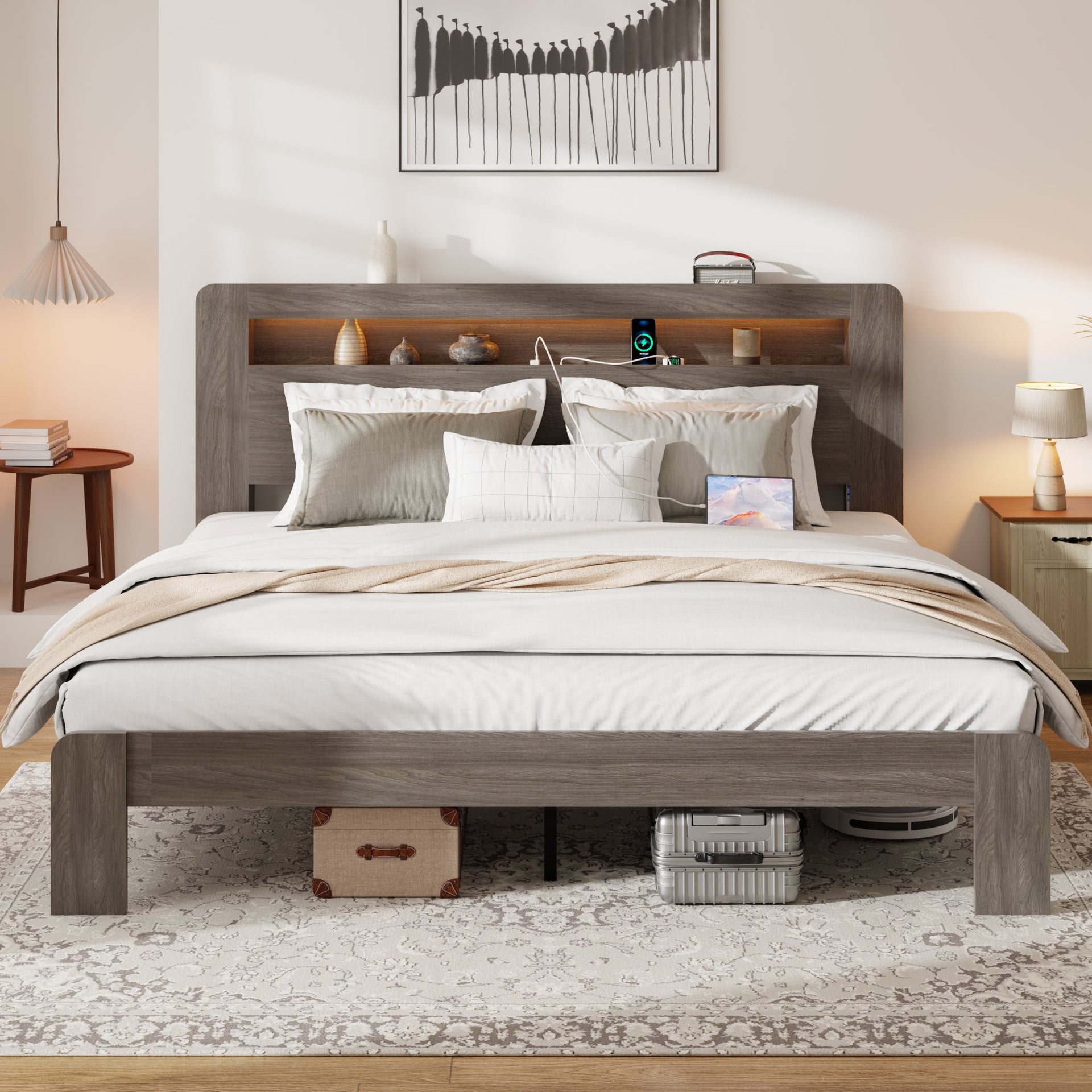 Bed Frame King Size, Wood Platform Bed Frame with Storage LED Light Headboard and 2 USB , Noise Free,No Box Spring Needed and Easy Assembly Tool,Large Under Bed Storage,Dark Grey