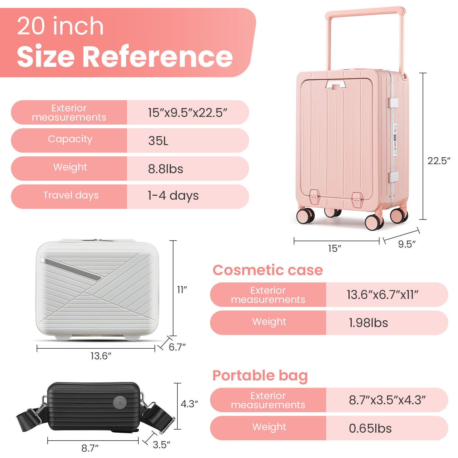 Aluminum Frame 20 Inch with Front Open Carry-on Luggage, PC Hard Shell Suitcase, Bounce Wide Handle Pull Rod Luggage with 360°Double Wheels, Built-In TSA Lock, Airline Approved Suitcase for Business