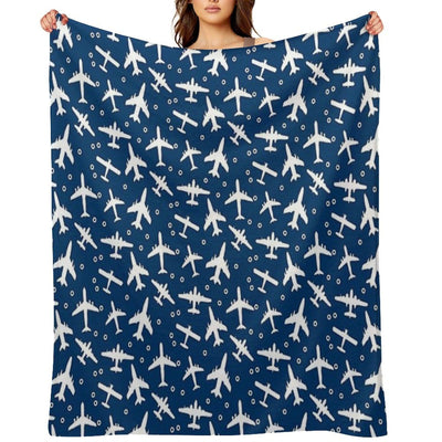 Blue And White Aeroplanes Silhouette Pattern Throw Blanket