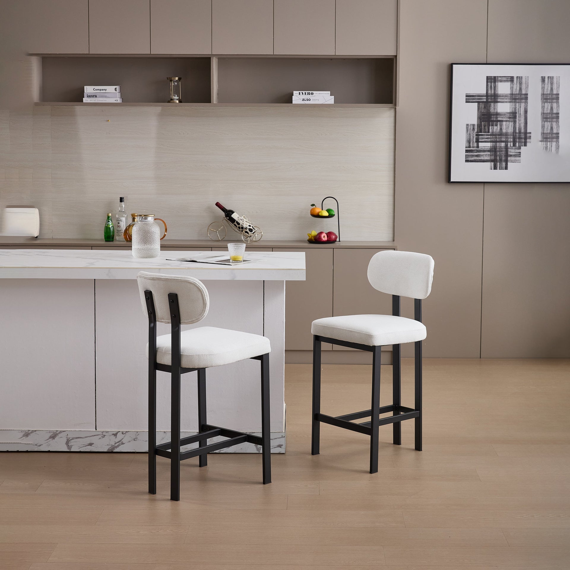Bar Stools Set of 2, 26 inch Modern Upholstered Fabric Counter Height Barstools, Kitchen Island Chairs with Black Metal Legs for Dining Room/Kitchen Island/Bar