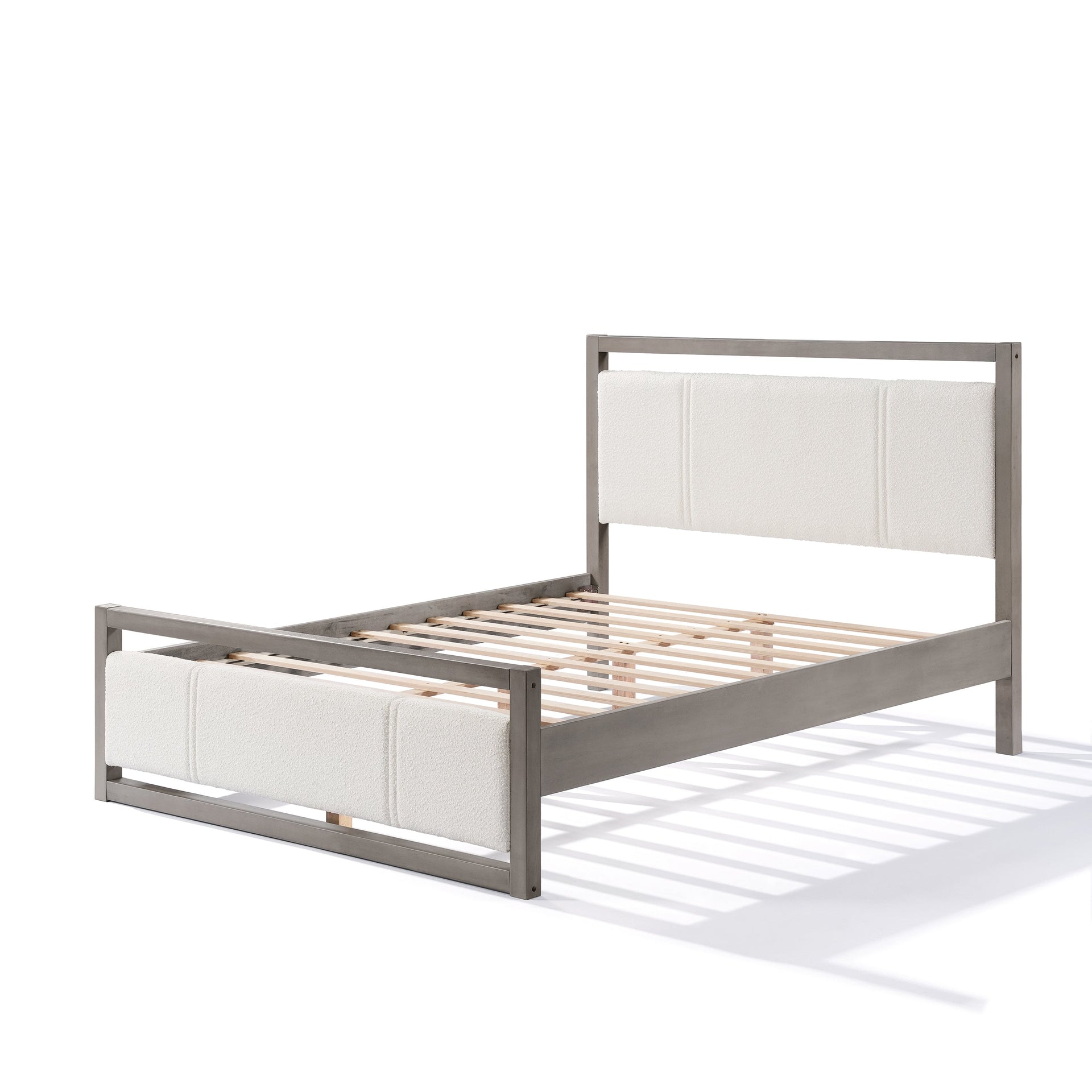 Queen Bed with Ivory Boucle Fabric Headboard, Wood Frame