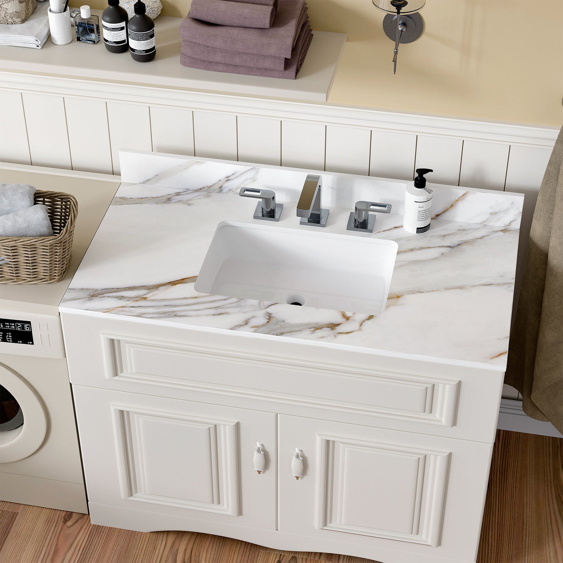 43 inch marble countertop with base rectangular central sink and 4-inch high splash guard, pre drilled 8-inch faucet hole ,white