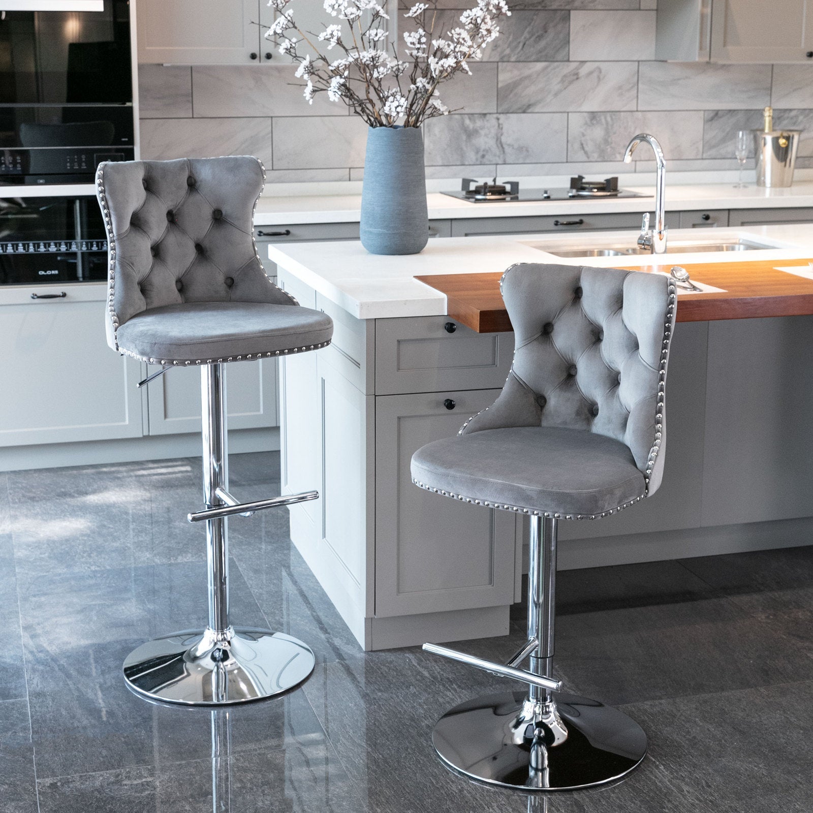 (Gray,Set of 2) 25-33 Inch, Modern Upholstered Chrome base Bar Stools with Backs Comfortable Tufted for Home Pub and Kitchen