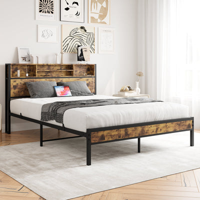 Queen Bed Frame with Storage Headboard Metal Platform Bed with Charging Station Bookcase Storage Black