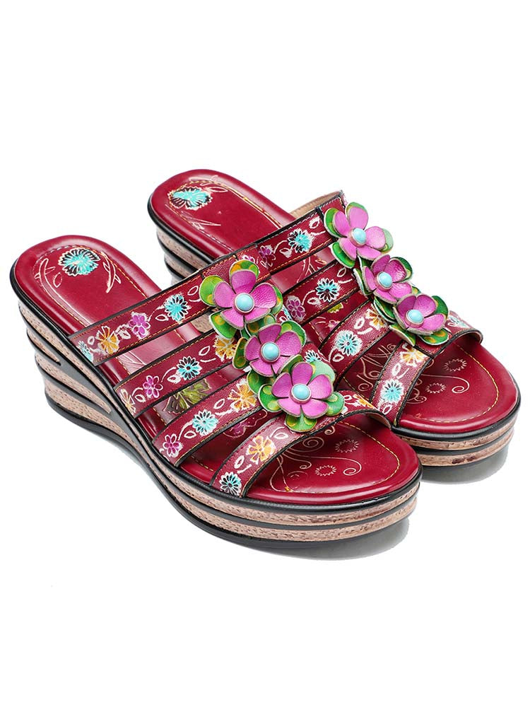 Triple Flowers Purle Wedge Slippers