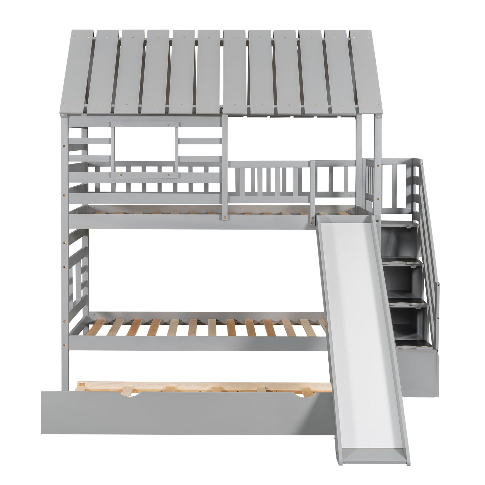 Twin over Twin House Bunk Bed with Trundle and Slide Storage Staircase, Roof and Window Design Gray