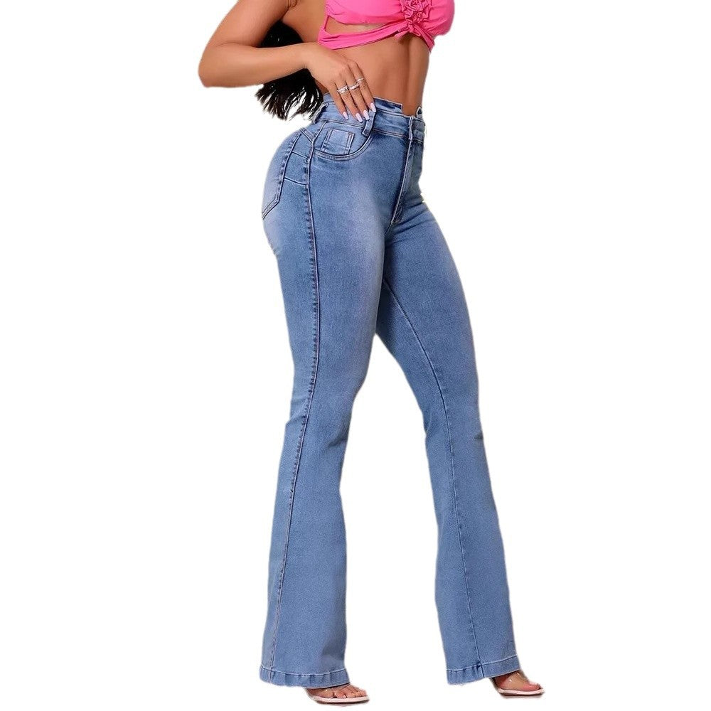 Washed denim jeans women's slim fit high waisted flared pants
