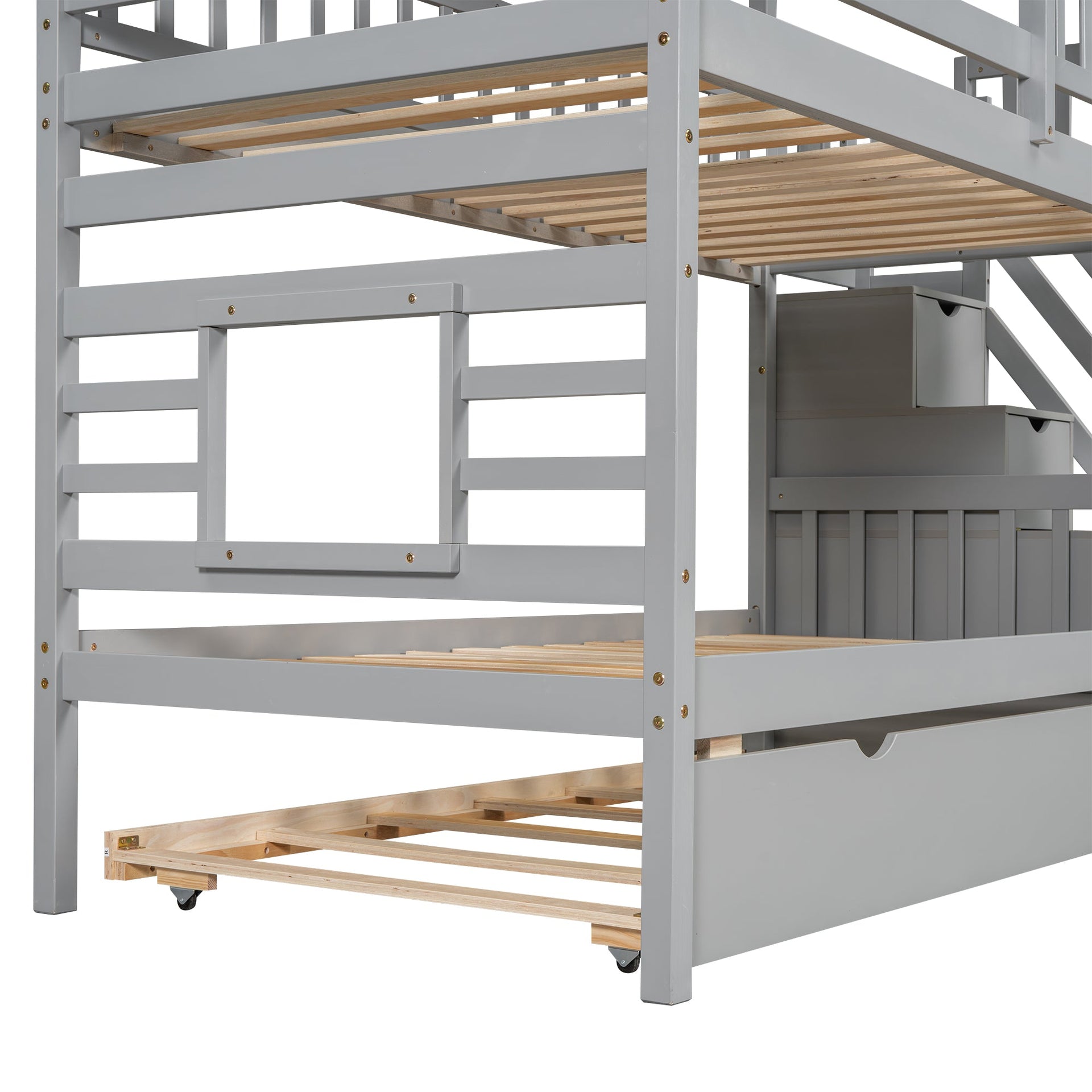 Twin over Twin House Bunk Bed with Trundle and Slide Storage Staircase, Roof and Window Design Gray