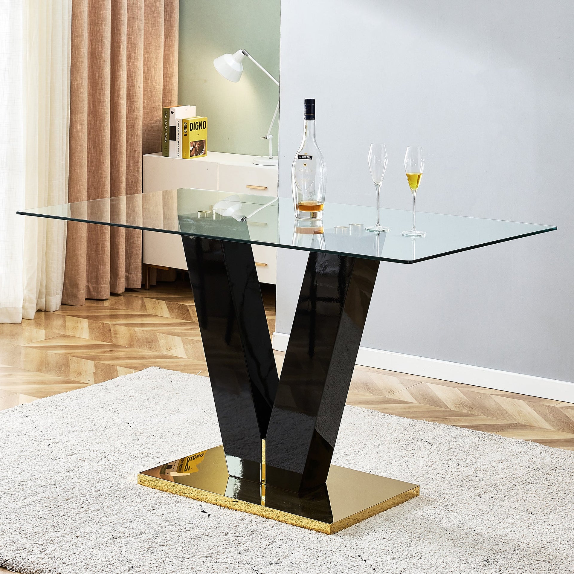 Large Modern Minimalist Rectangular Glass Dining Table for 6-8 with 0.4