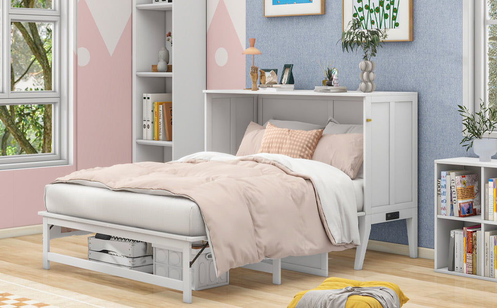 Queen Size Murphy Bed with Built-In Charging Station and a Shelf White
