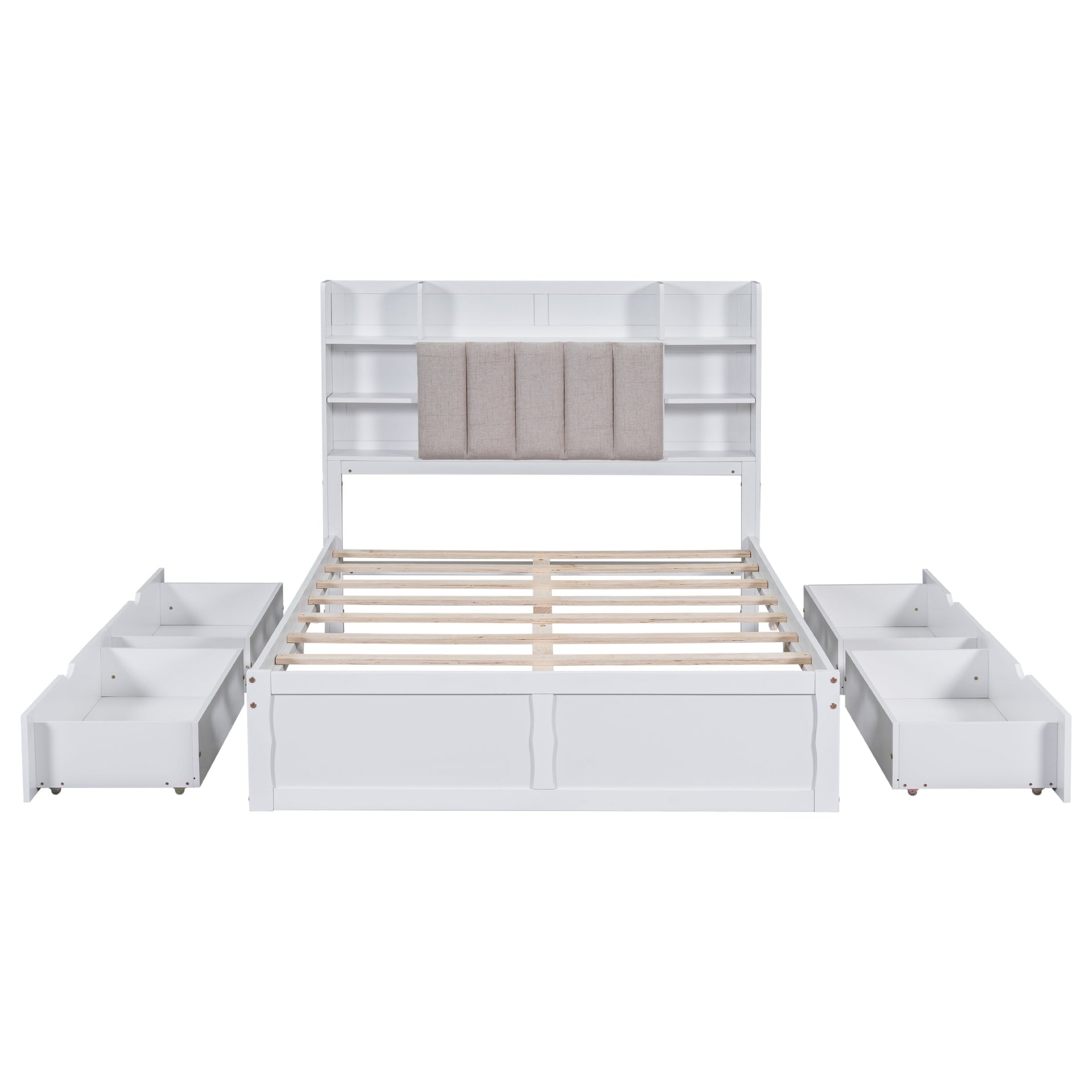 Multi-functional Full Size Bed Frame with 4 Under-bed Portable Storage Drawers and Multi-tier Bedside Storage Shelves White
