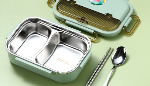 Microwaveable stainless steel compartmentalized insulated lunch box with cutlery