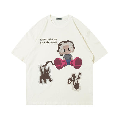 Fun Cartoon Anime Print Short Sleeve T-Shirt Men's High Street Trendy Half Sleeve Pure Cotton Round Neck Loose Tee