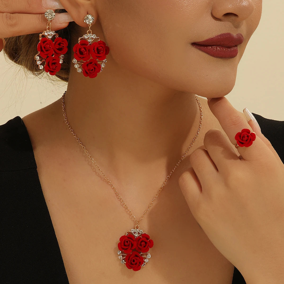 4pcs/Set Romantic Lovely Red Rose Flower Inlaid Rhinestone Pendant Necklaces+Dangle Earrings+Ring,For Women Valentine'S Day Gift