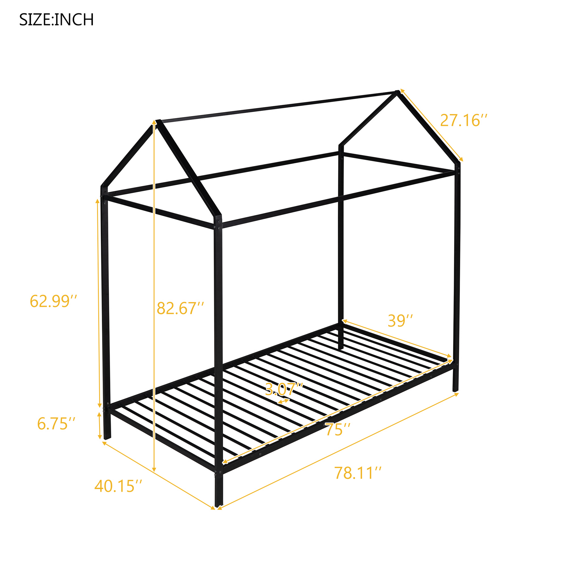 House Bed Frame Twin Size Kids Bed Frame Metal Platform Bed Floor Bed for Kids Boys Girls No Box Spring Needed Black